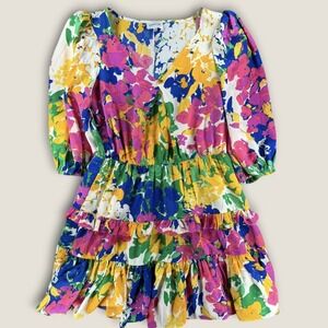 Sugar Lips Floral Mini Dress Large L Bright Multicolor Ruffle Puff Sleeve